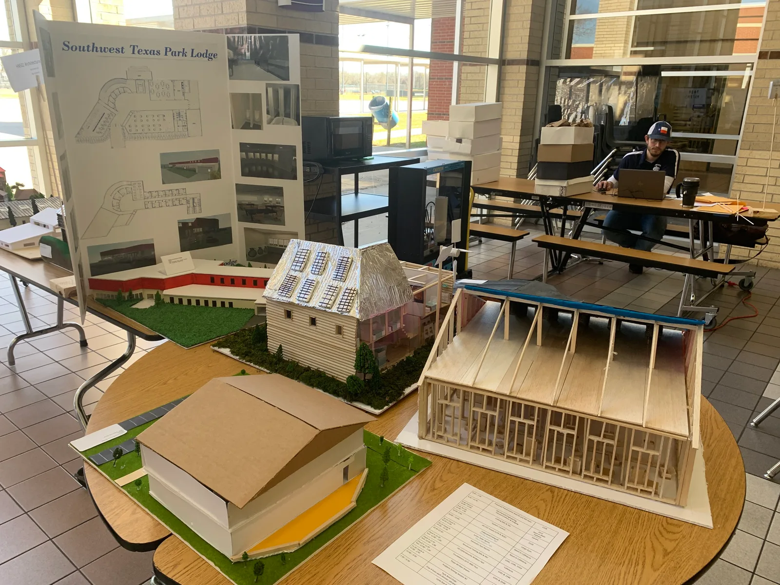 Architectural models and the Southwest Texas Park Lodge display board