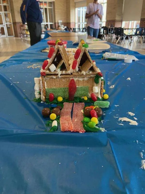 Gingerbread-style house with a candy walkway